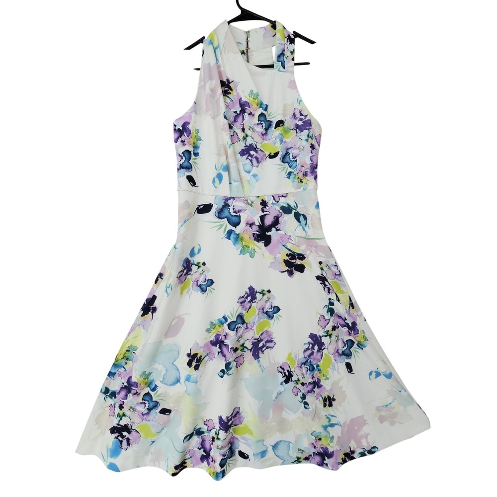 Donna Karan Dress 6 Midi Fit Flare Floral White Purple Watercolor Swing Spring - Picture 2 of 13